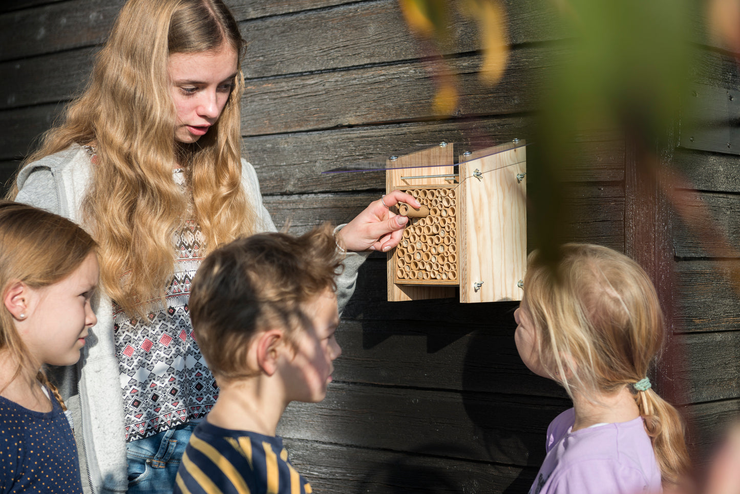 Kinder bestaunen das BeeHome Classic, ein hochwertiges Wildbienen-Häuschen aus der Schweiz.